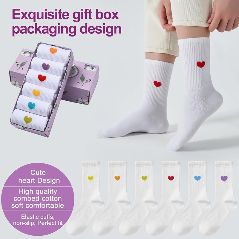 Womens Cotton Crew Socks 6 Pairs - White, Heart Pattern, Ankle Boot Socks