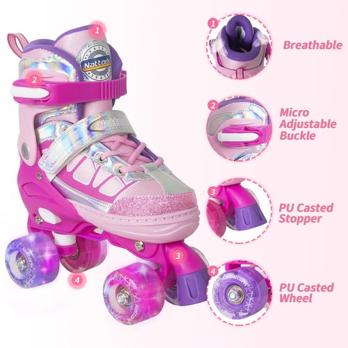Nattork Roller Skates for Kids Boys Girls, 4 Size Adjustable Rollerskates with Light Up Wheels for Children Beginners for Outdoor Indoor Rosy