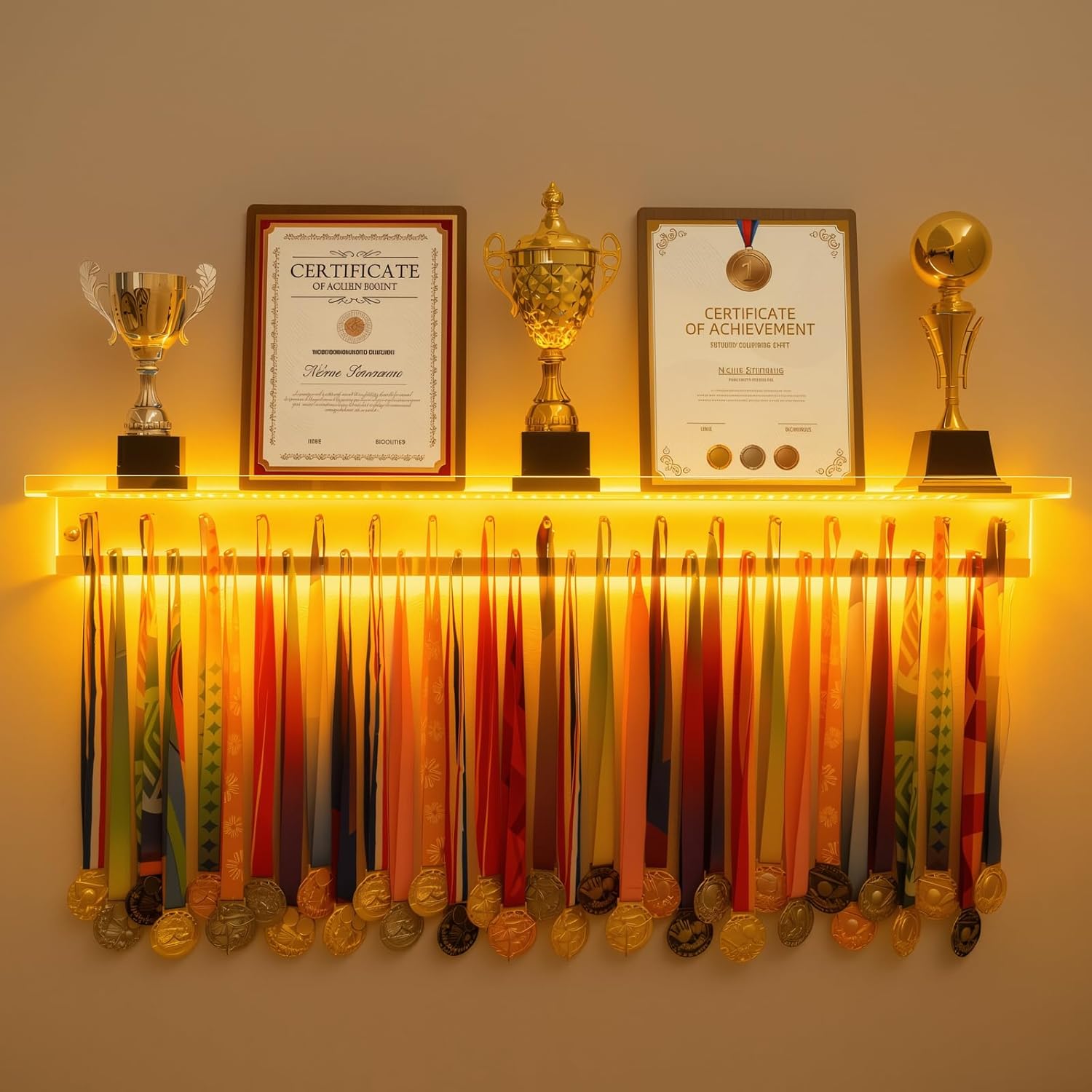 Omhuzsyo Medal Display Rack - Light Up Acrylic Trophy Shelf for Gymnastics, Running & More | Large 45.2”