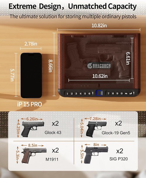 BILLCONCH Gun Safe for Handgun - Biometric Quick Access Pistol Safe with Fingerprint & Key | Antique Bronze