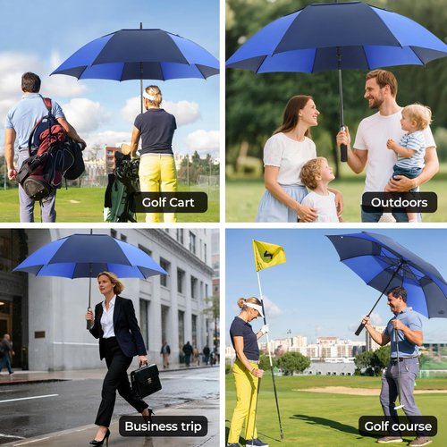 LLanxiry Automatic Open Golf Umbrella 54/62/68/72 Inch, Extra Large Windproof Vented Double Canopy Stick Umbrella, 210T Pongee Waterproof SPF 50+, Fiberglass Ribs Steel Shaft, EVA Grip for Golf & Commute