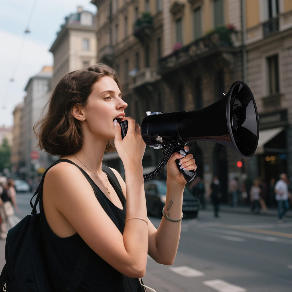 MyMealivos 50 Watt Megaphone Bullhorn Speaker with Siren, 240S Recording, Detachable Microphone & Strap（Grey-Battery）