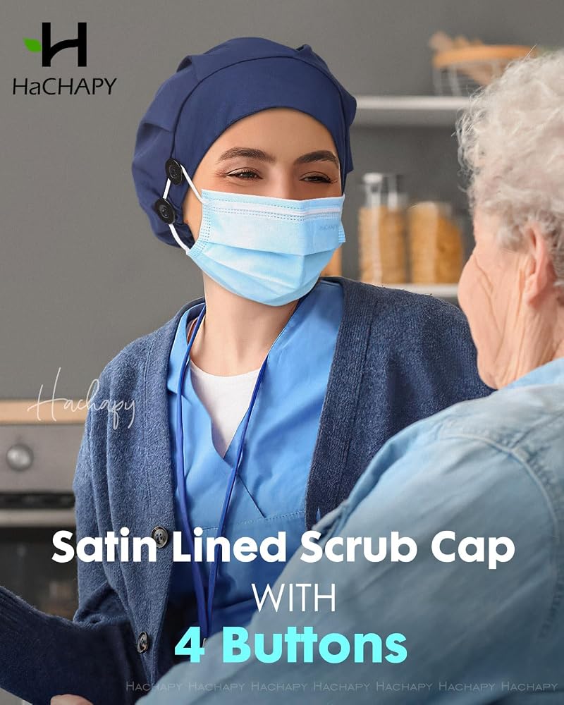 Satin Lined Bouffant Scrub Cap with 4 Buttons and Adjustable Back - Nurses Hair Cap (Natural Blue)