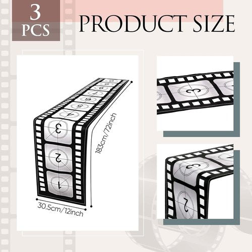 Breling Movie Night Table Runner - Film Strip Design for Party Decor | 12 x 72 Inch, Classic Style (3 Pcs)