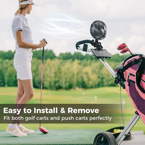 10000mAh Rechargeable Golf Cart Fan, 50H Run, Compatible with EZGO Club Car Yamaha, 7 inch Clip On Fan with Sturdy Tripod, 360° Pivot, 3 Speed & Timer, Cooling for Golf Cart Golf Palyer Essential