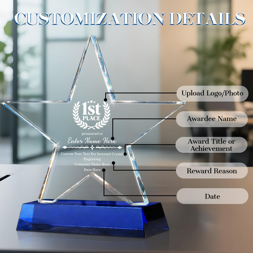 Custom Crystal Star Award Trophy with Engraved Logo Name Text, Personalized Employee Recognition Award Plaque, Corporate Appreciation Trophy for Leadership Retirement Sales Achievement