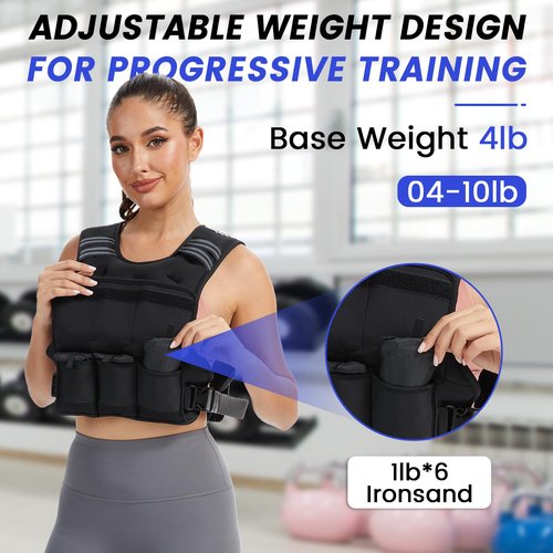 VBSD Adjustable Weighted Vest for Women Men 4-10lb Vest with 6 Ironsand Weights Body Weight Vest with Reflective Strip for Running Walking Strength Training Workouts