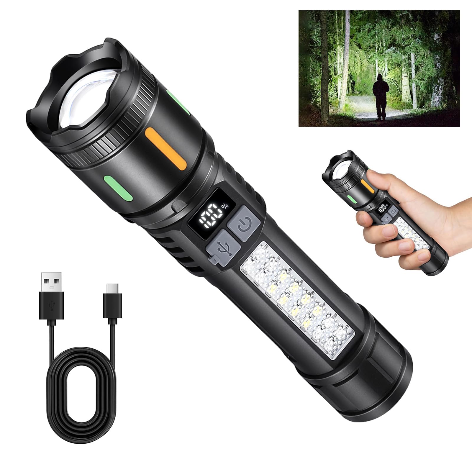 Ciwuzxs Rechargeable LED Flashlights High Lumens 3000LM Super Bright Tactical Flashlight with Cob Sidelight, 5 Light Modes, IPX6 Waterproof, Powerful Handheld Flash Light for Camping (1, Small)