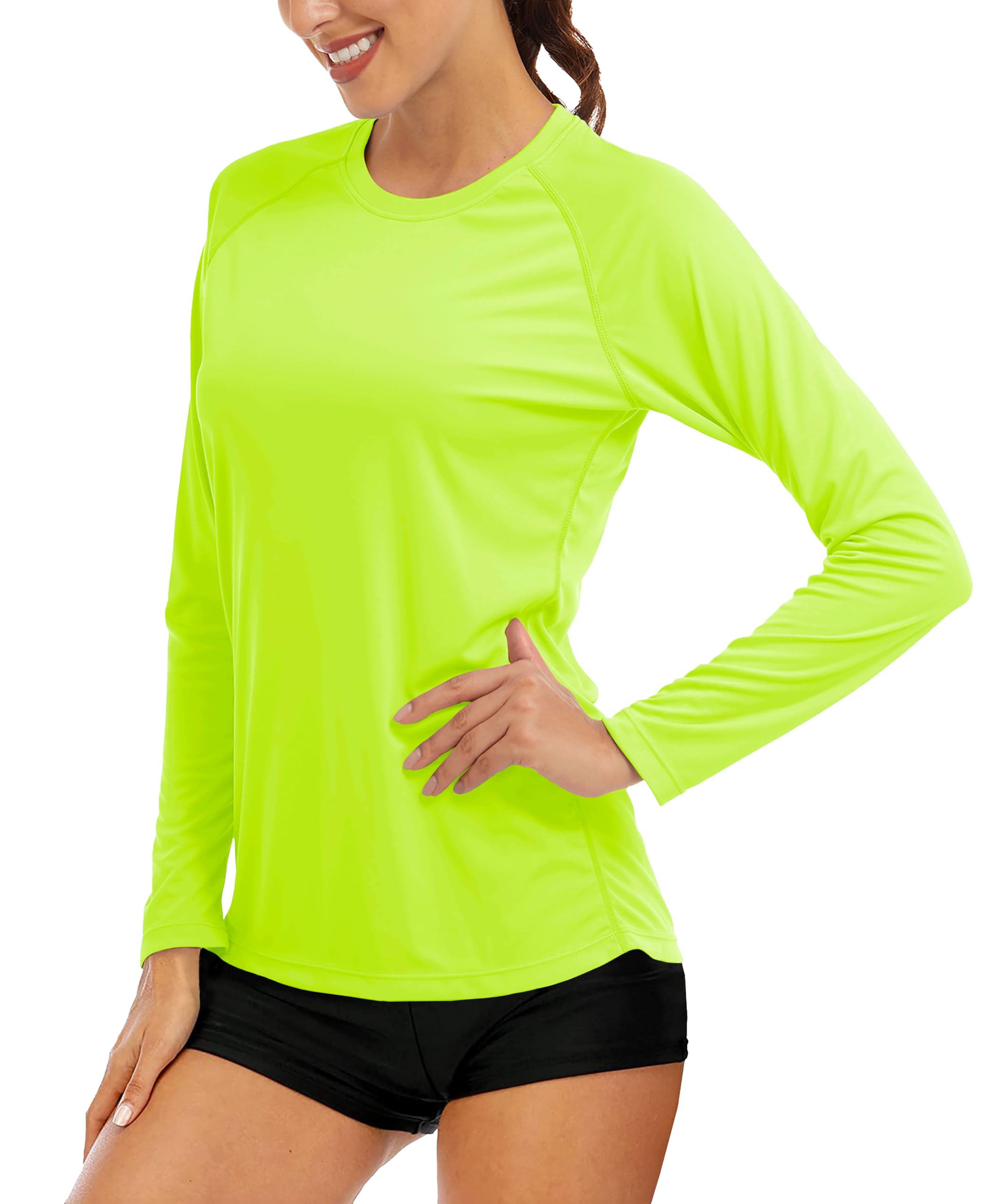 MAGCOMSEN Athletic Fitted Running Shirts - Women's Sun Protection Lightweight Long Sleeve Fluorescent Green