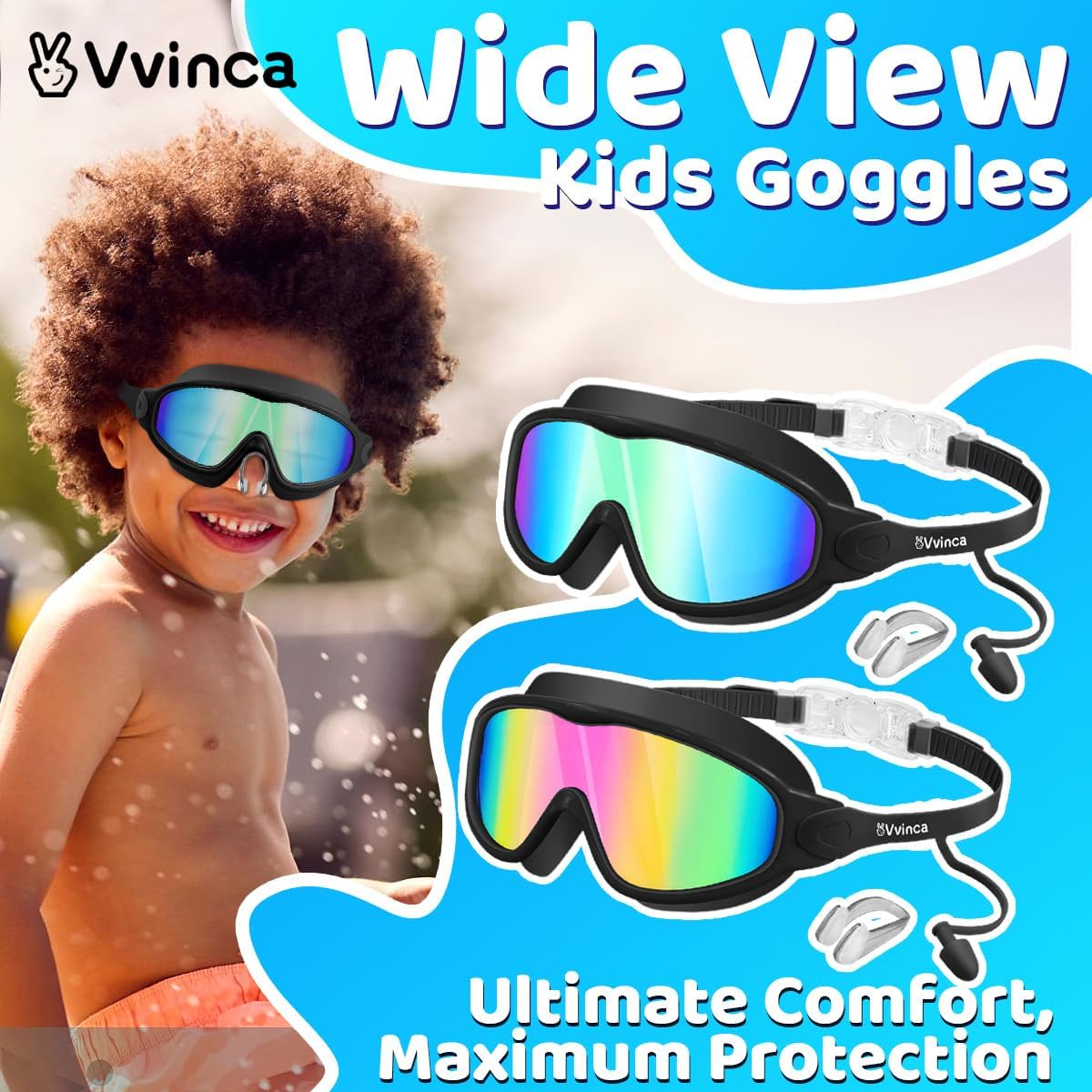 Vvinca Swim Goggles - Kids' Anti-Fog & UV Protection Goggles with Earplugs & Nose Clip | Ages 3-15