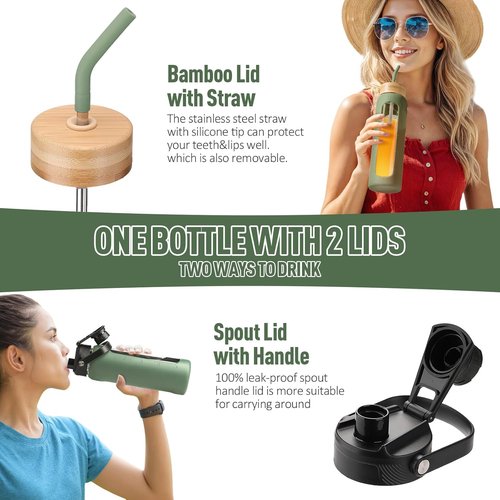 Kodrine 24 oz Glass Water Bottle - Bamboo Straw & Spout Lids with Handle | Time Marker for Sports & Travel