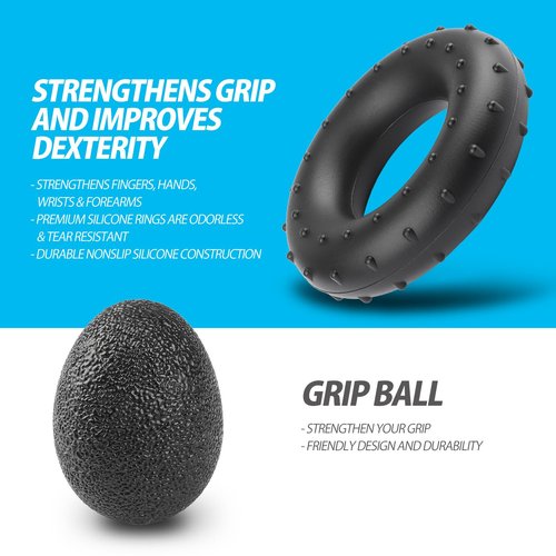 NIYIKOW Grip Strength Trainer, Adjustable Hand Grip Strengthener Kit - 5 Pack with Counting Forearm Strengthener, Finger Trainer, Finger Exerciser, Grip Ring, Grip Ball - Black