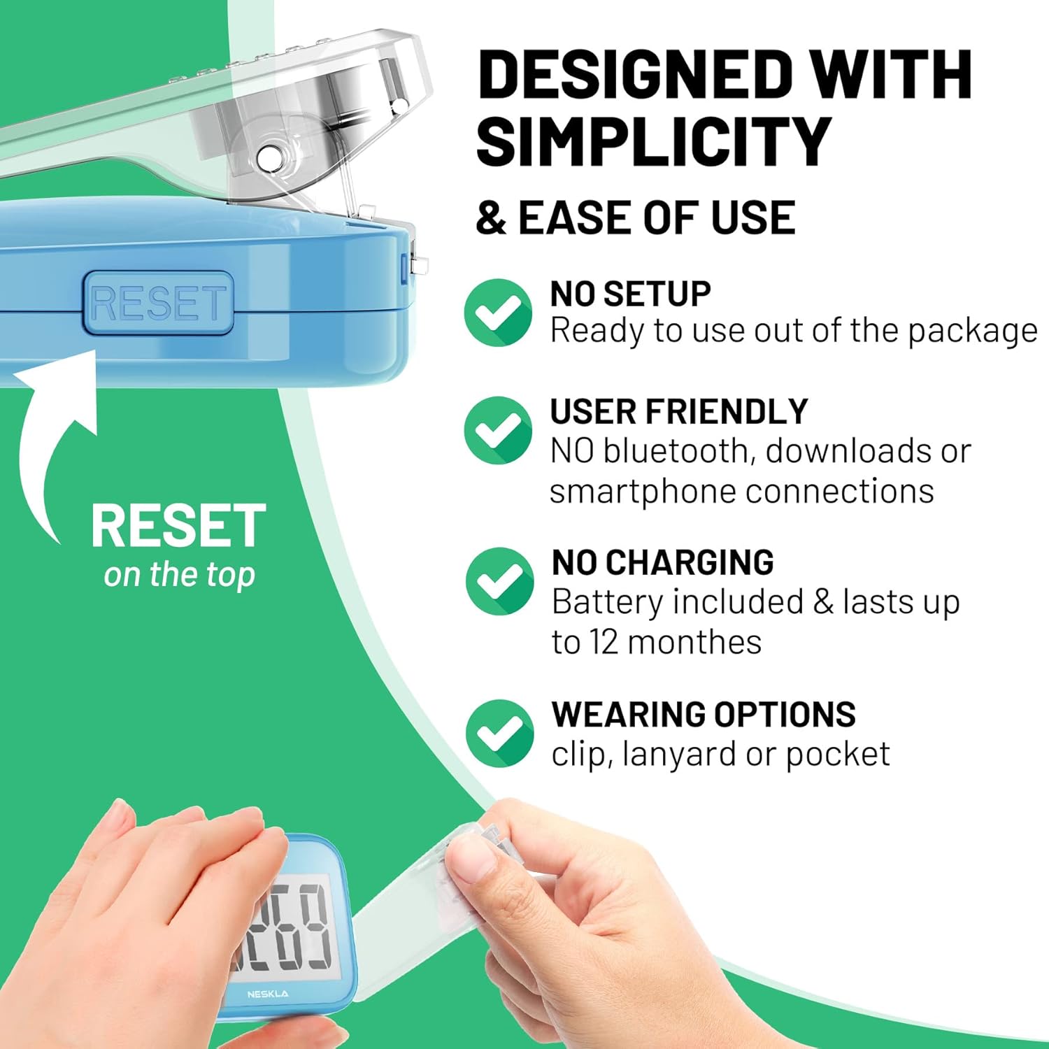 Skiennix 3D Pedometer - Accurate Step Counter with Large Display & Removable Clip | Ideal for All Ages