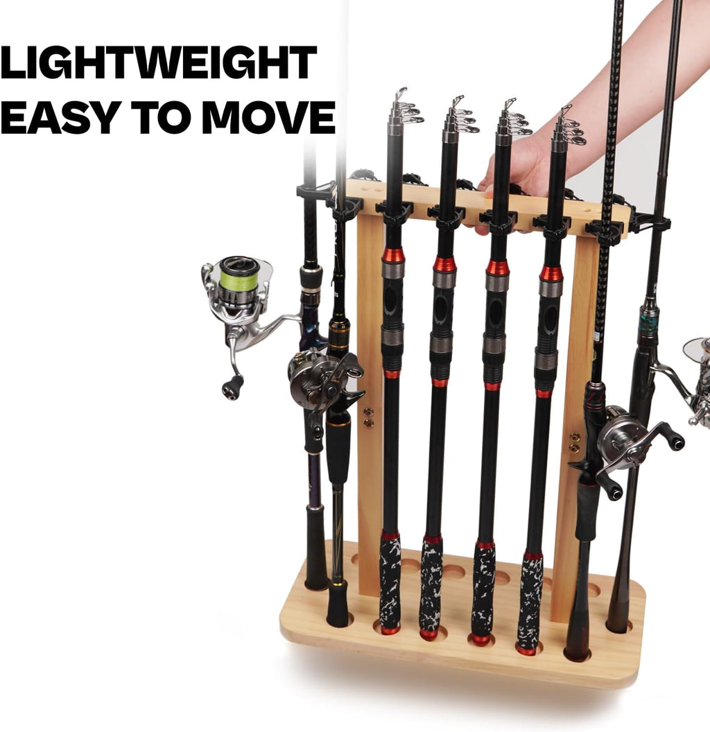 Skiennix Fishing Rod Storage Rack - 100% Wood Floor Stand for 14 Rods or Combos | Garage Organizer