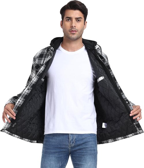 CHEXPEL Flannel Jacket for Men - Long Sleeve Plaid Shirt Coat with Hood & Quilt Lining