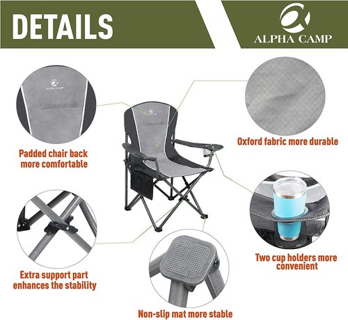 ALPHA CAMP Oversized Camping Chair - Heavy Duty Steel Frame, Supports 350 LBS, Portable with Cup Holder & Padded Arms