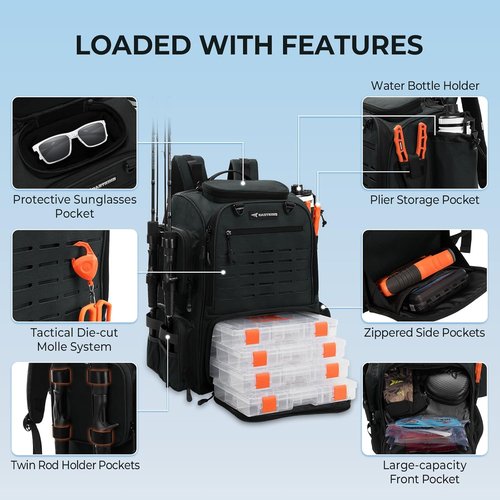 KastKing Bait Boss Fishing Tackle Backpack - 4 Tackle Boxes & Rod Holders | 45L Large Storage with Rain Cover