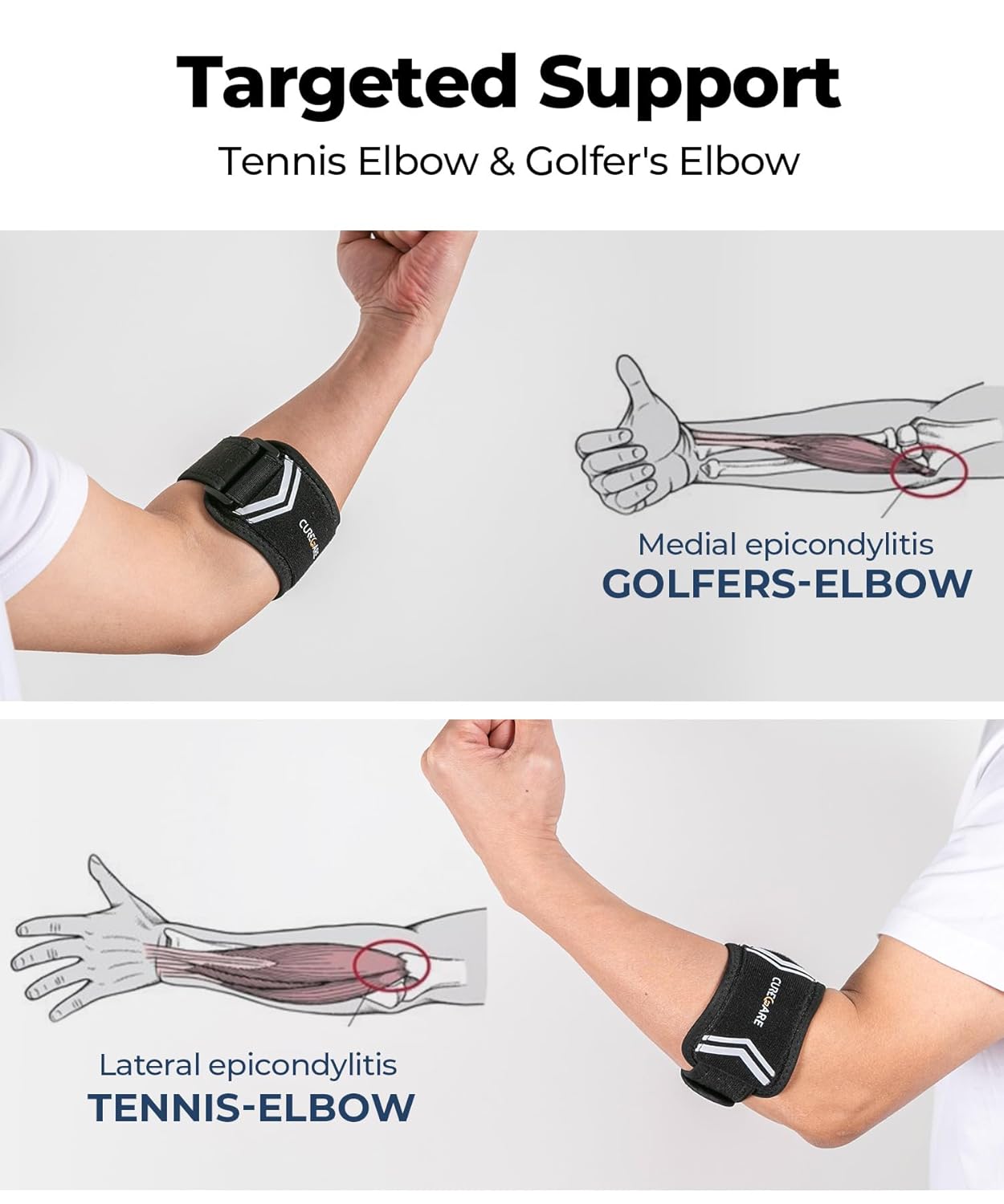 Upgraded Regine Switzerland Tennis & Golf Elbow Brace - Targeted Support Forearm Compression, Adjustable Strap (Black)