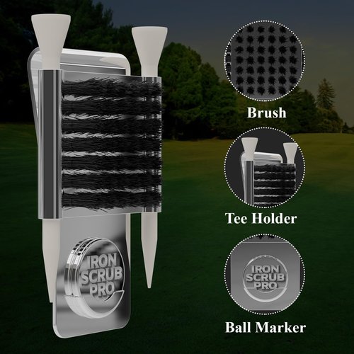 Iron Scrub Pro Golf Club Cleaner with Tee Holder, Ball Marker, Magnet, Clip, Chrome