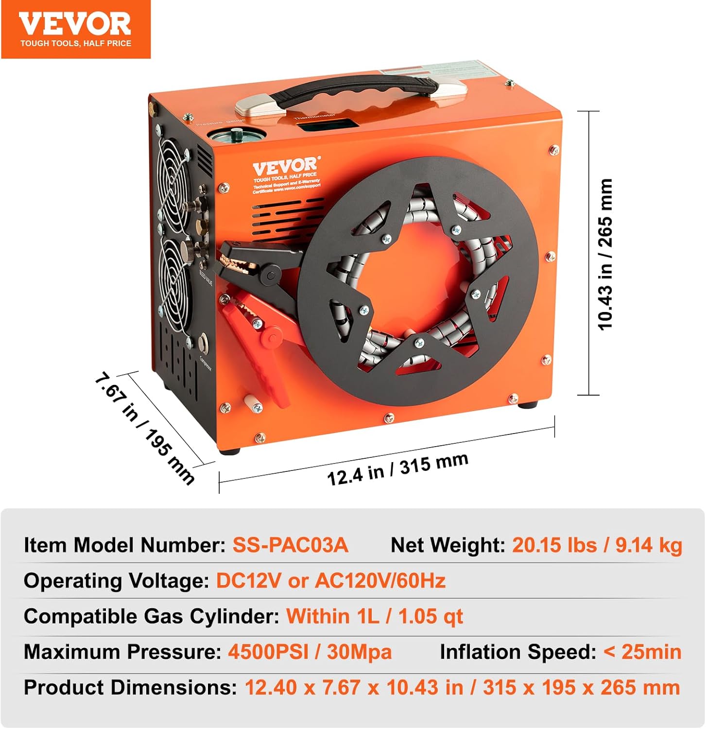 VEVOR PCP Air Compressor - 4500PSI Portable Airgun Compressor with Auto-Stop | Oil & Water-Free, DC12V/AC120V