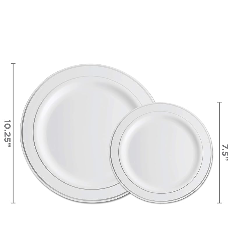 10 Inch Dinner Plates & 7 Inch Salad Plates Combo Set - 100 Pcs, Silver Rim