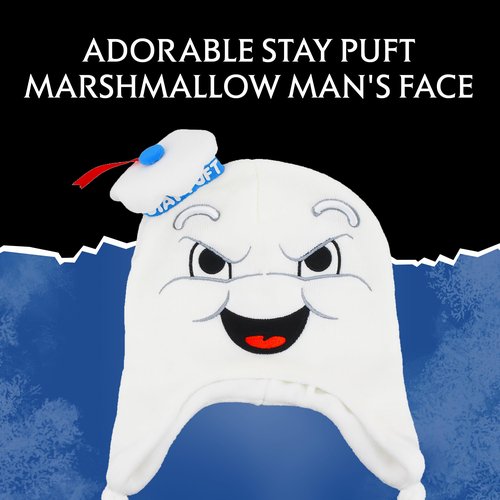 Ghostbusters Beanie Hat, Stay Puft Marshmallow Man Peruvian Winter Knit Cap with Tassels, White, One Size