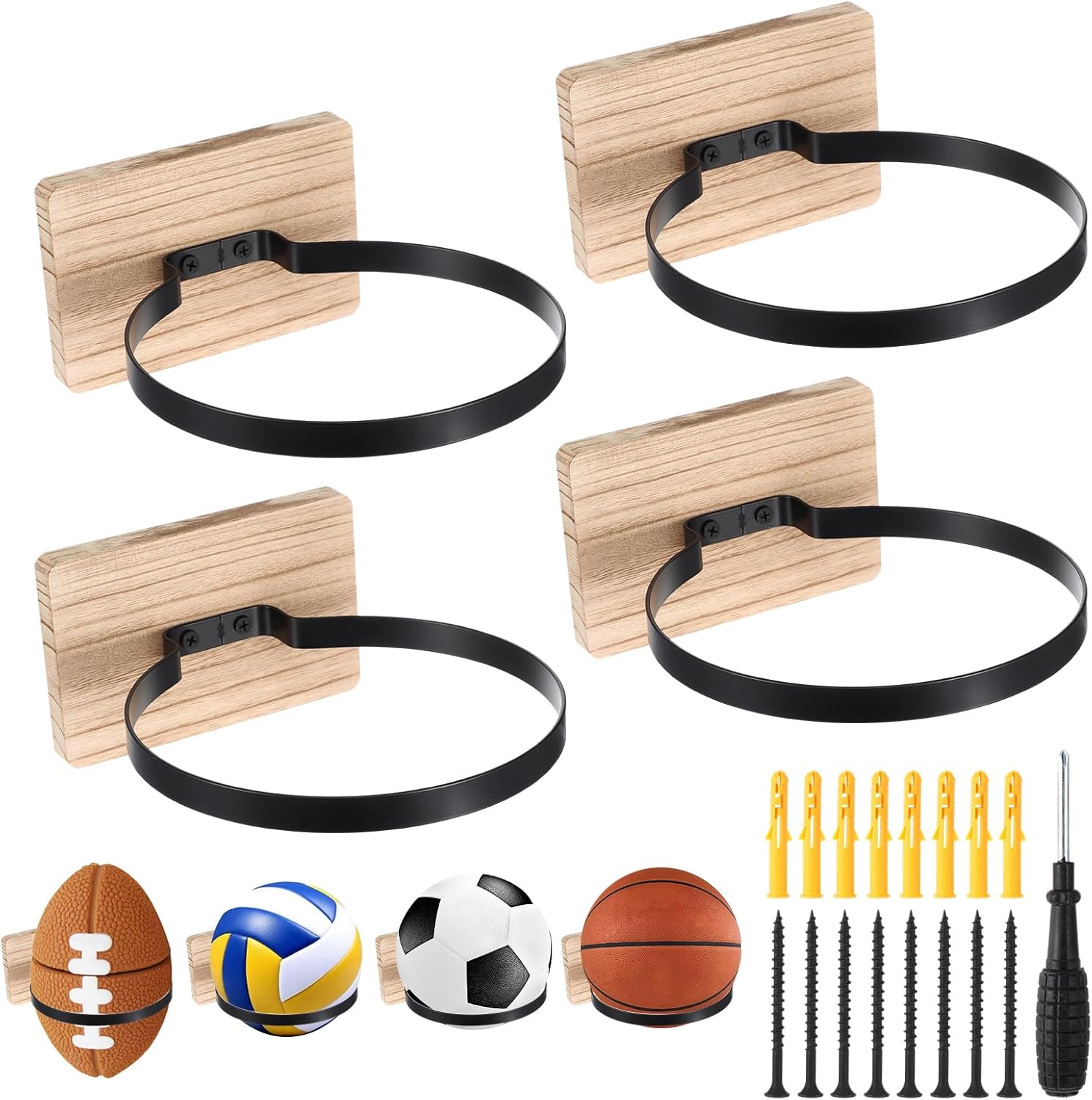 Skiennix Wall Mount Ball Holder - Wooden Base Sports Display Rack for Basketball, Football, Soccer, Volleyball