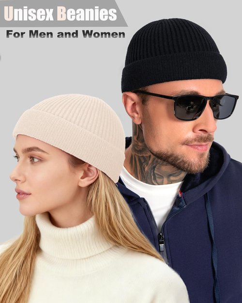 ROYBENS Short Fisherman Beanie for Men Women, Wool Warm Winter Hat, Swag Knit Cuff Soft Trawler Beanies Watch Cap Skull Caps, Black