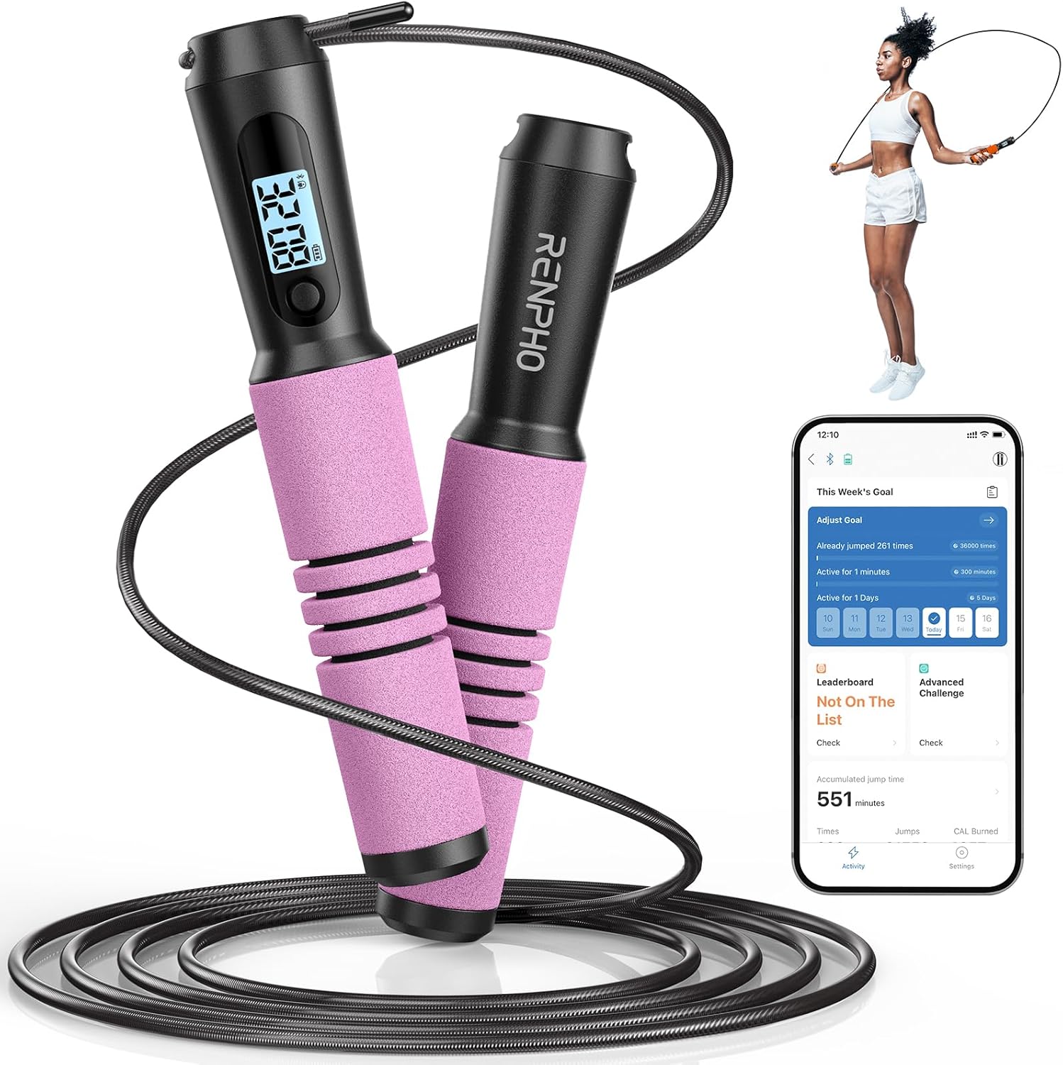 RENPHO Smart Jump Rope - Tangle-Free Skipping Rope with APP Data Tracking & Adjustable Length for Men & Women