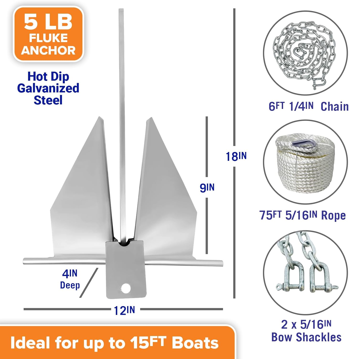 Better Boat Heavy Duty Fluke Boat Anchor Kit - Galvanized Steel with Rope & Chain | Multiple Sizes Available