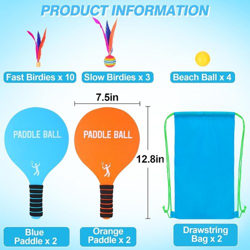 Beeplove 2 Beach Games Toy Paddle Ball Sets - Funny Paddleball Rackets Game, Outdoor Sports Toys for Kids Adults Family Games Yard Lawn Party Supplies, Blue Orange, Medium