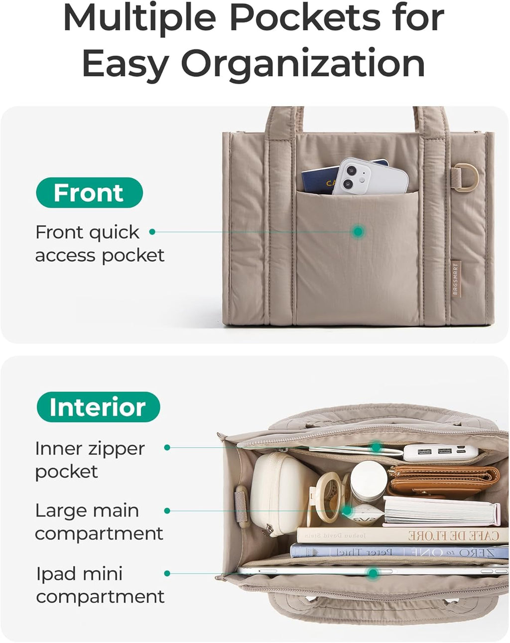 BAGSMART Boxy Tote Bag - Stylish Crossbody with Zipper for Travel, Work & College