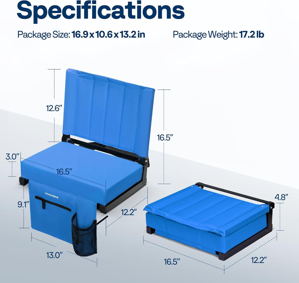 VIVOHOME Stadium Seats - Portable Bleacher Chairs with Back Support & Cup Holder | Blue, 2-Pack
