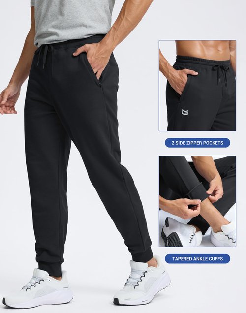G Gradual Men's Cotton Fleece Lined Joggers with Zipper Pockets Athletic Running Workout Gym Sweatpants Winter Warm Pants Black