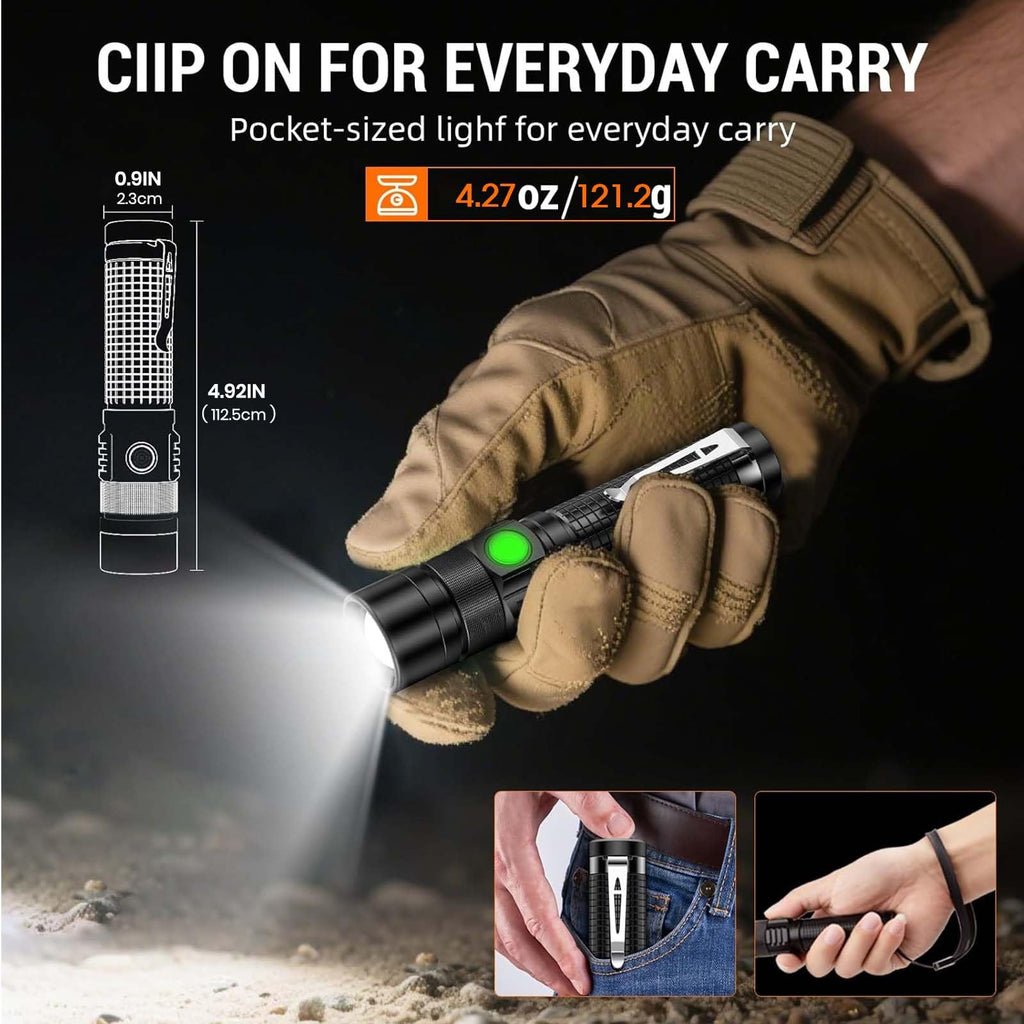 Pocket EDC Flashlight Rechargeable - 4.9inch & Emergency One Click SOS, Super Bright Small LED Flashlight 3Hr USB-C Fast Charging, Waterproof Portable Small EDC Flashlight for Home, Camping, Hiking