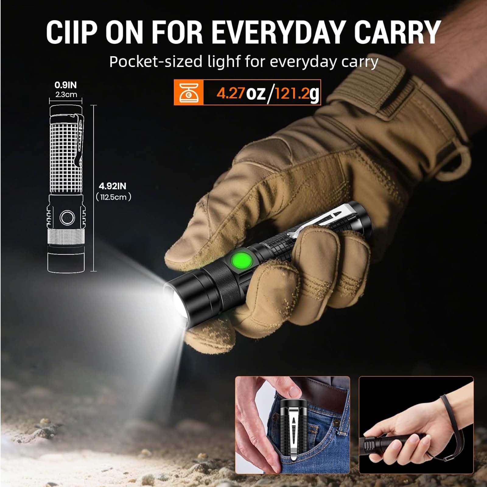 Pocket EDC Flashlight Rechargeable - 4.9inch & Emergency One Click SOS, Super Bright Small LED Flashlight 3Hr USB-C Fast Charging, Waterproof Portable Small EDC Flashlight for Home, Camping, Hiking