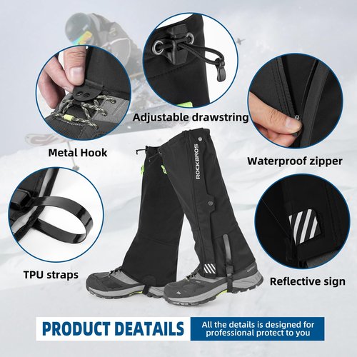 ROCKBROS Snow Boot Leg Gaiters for Hiking Waterproof Leg Gaiter for Skiing Walking Snow Boot Gaiters Tear Resistant Adjustable Gaiters
