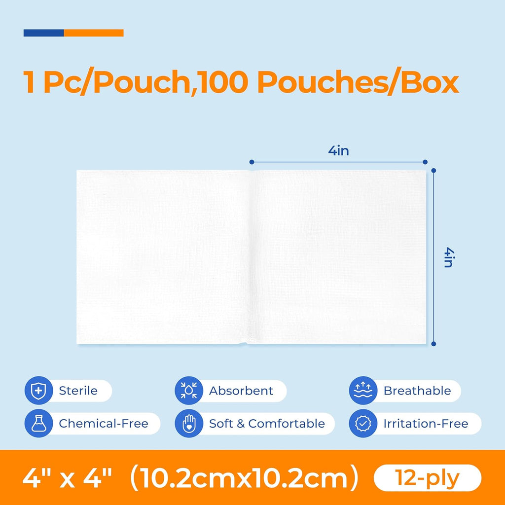 Sterile Gauze Pads by [Brand Name] - 100 Pack 4x4 Inch, 12-Ply Cotton Sponges for Wound Care