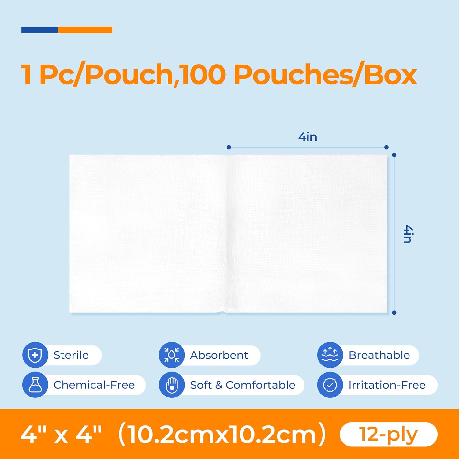 Sterile Gauze Pads by [Brand Name] - 100 Pack 4x4 Inch, 12-Ply Cotton Sponges for Wound Care