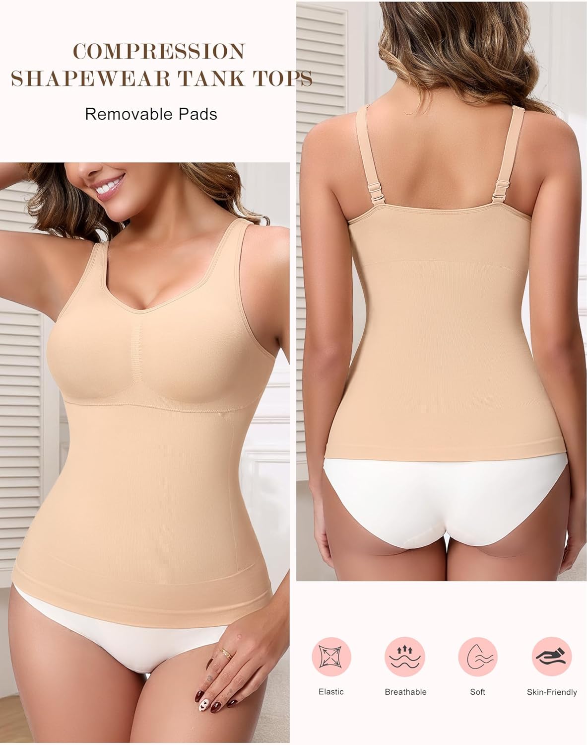 Skiennix Compression Shapewear Tank Top - V Neck Halter Design with Built-In Bra & Tummy Control