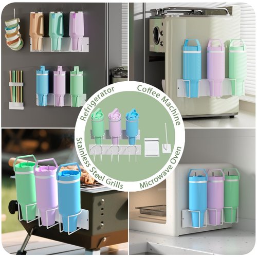 4 Pack Magnetic Cup Holder for Fridge - Water Bottle Organizer Fits Stanley 40/30 oz Cup, Tumbler Organizer Set with Tumbler Lid Holder & Straw Organizer, Cup Holder for Stanley Cup Accessories(White)
