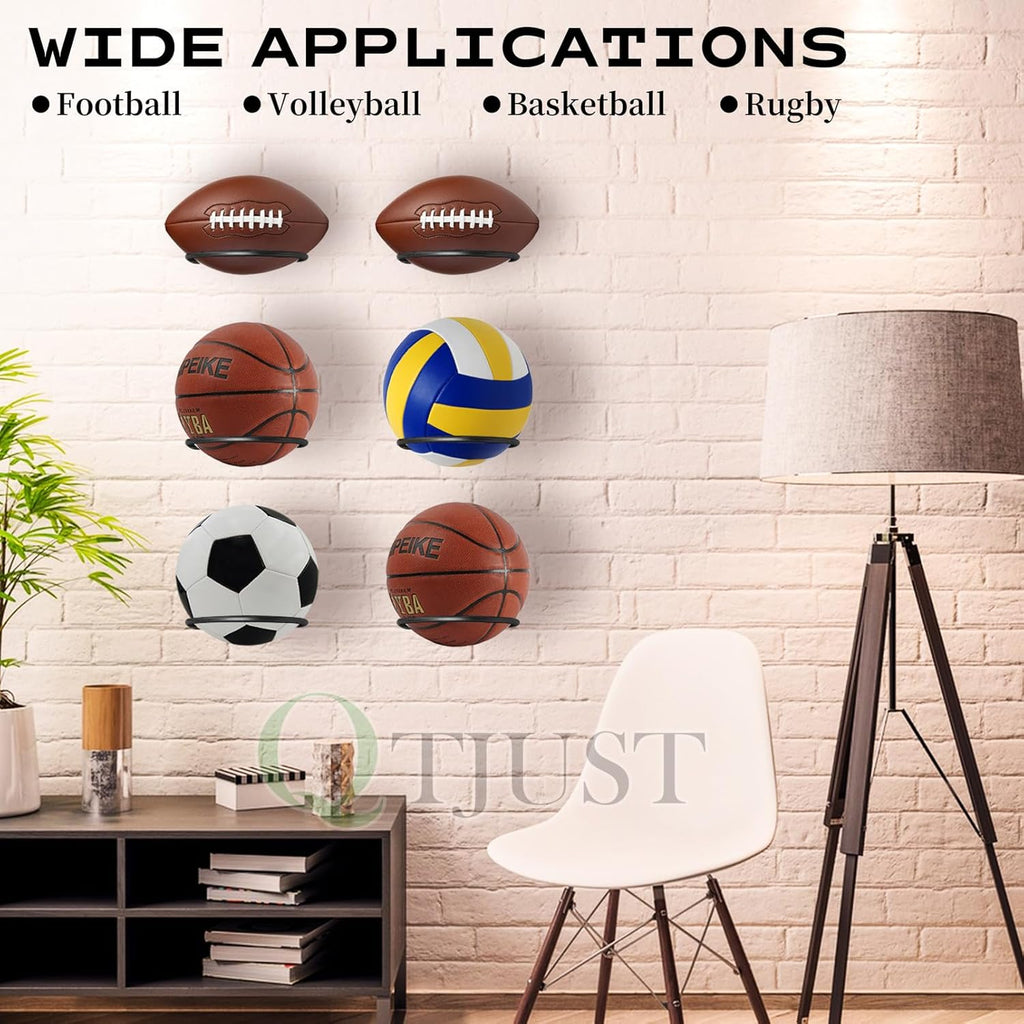 Skiennix Mounted Ball Wall Storage Rack - Universal Metal Holder for Basketball, Football, Volleyball, Soccer - Black