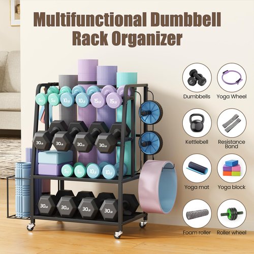Weight Rack for Home Gym, Vopeak Dumbbell Rack Stand Only, Adjustable Weight Rack for Dumbbells, Kettlebells Yoga Mat, Home Gym Storage Rack with Wheels and Hooks, Powder Coated Finish Steel