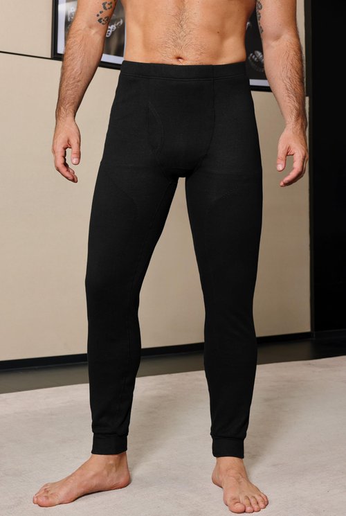Herberton Man Fly Opening Bottom Reinforced Knees Ankle Basic Breathable Underwear Elastic Cuffs Casual 2025 Base Layer Pants Fleece Insulated Warm Cozy Long John Black L