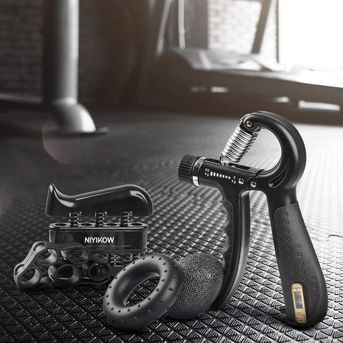 NIYIKOW Grip Strength Trainer, Adjustable Hand Grip Strengthener Kit - 5 Pack with Counting Forearm Strengthener, Finger Trainer, Finger Exerciser, Grip Ring, Grip Ball - Black
