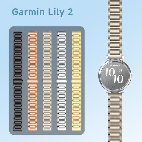 MiKoyi] 14mm Metal Band for Garmin Lily 2 Active/Sport/Classic, Solid Stainless Steel Wristband, Quick Release Strap, Adjustable Exquisite Replacement Band for Garmin Lily 2 - Starlight