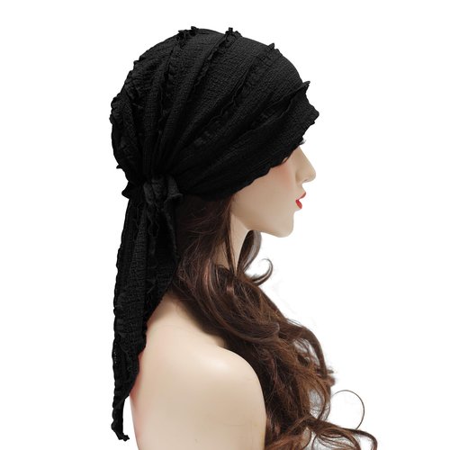 ZLYC Chemo Headwear Pre Tied Head Scarf Headwraps Lightweight Turban Beanie Cap for Women, Ruffle Black