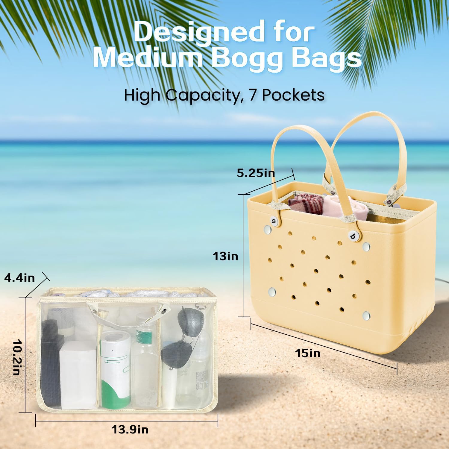 XYFuuee Beach Bag Organizer - Lightweight Mesh Insert with 8 Removable Fasteners | Khaki Medium Bogg Bag Accessory