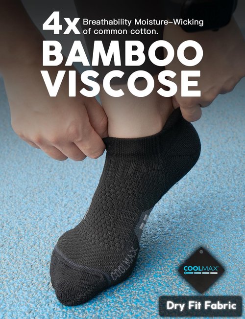 Juclise Coolmax Bamboo Viscose Compression Tab Running No Show Socks Men Moisture Wicking Cushioned Anti-Blister (US, Alpha, Large, Regular, Regular,Classic Black*3)