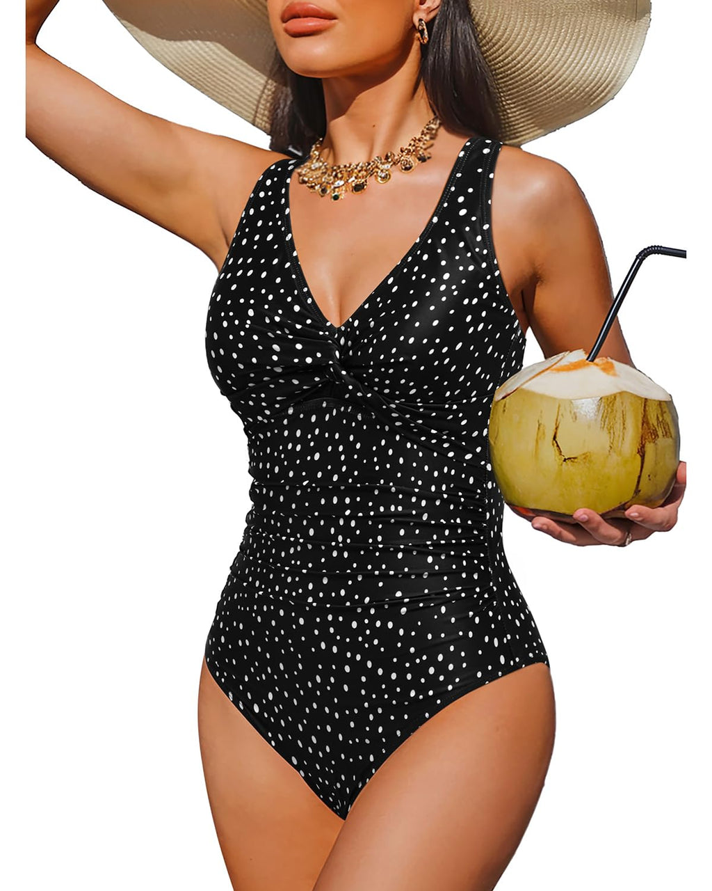 Holipick Black Dot Women Tummy Control One Piece Swimsuit - Push Up Bathing Suit Full Coverage Slimming Swimwear M